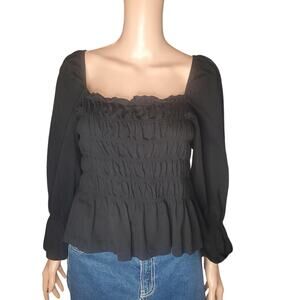 H&M Black Smocked Milkmaid Top Puff Sleeve Peplum Cottagecore M Tiny FLAW